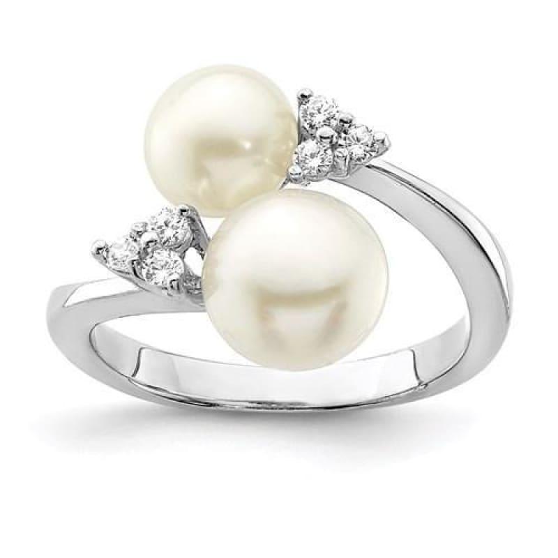 Sterling Silver Rhodium-Plated 8-9mm White 2-FWC Pearl And CZ Ring - Seattle Gold Grillz