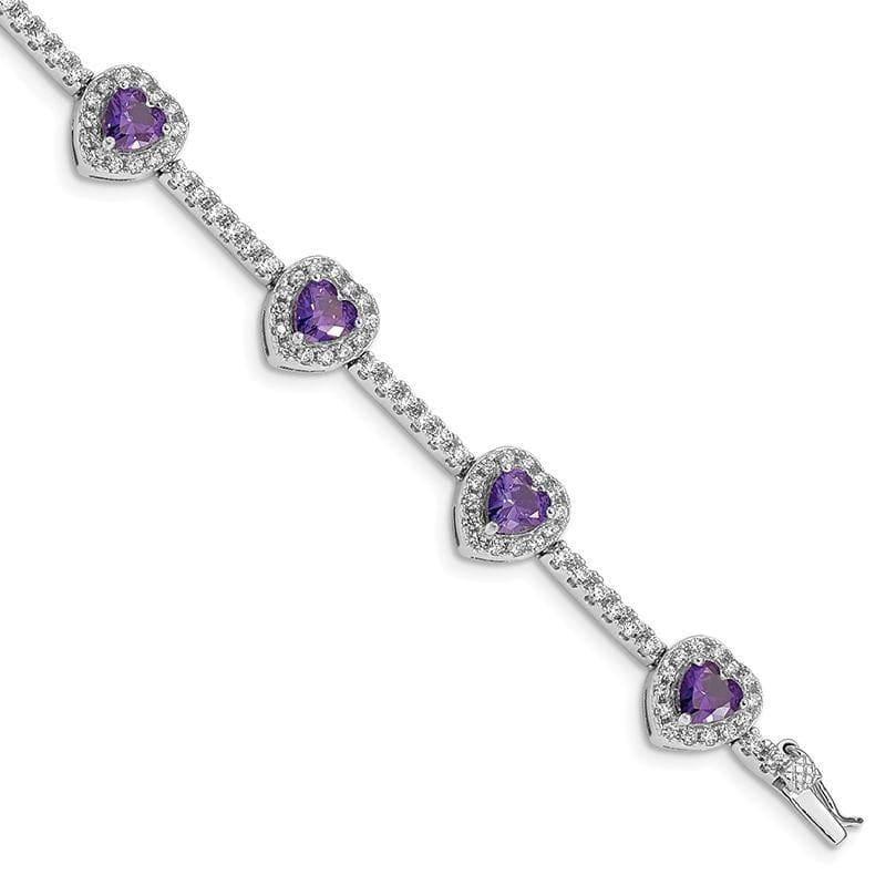 Sterling Silver Rhodium-plated Amethyst and Clear CZ Heart Bracelet | Weight: 10.48 grams, Length: 7mm, Width: mm - Seattle Gold Grillz