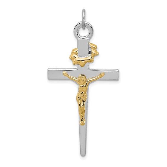 Sterling Silver Rhodium-plated and 18k Gold-plated Crucifix Pendant - Seattle Gold Grillz