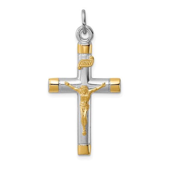 Sterling Silver Rhodium-plated and 18k Gold-plated Crucifix Pendant - Seattle Gold Grillz
