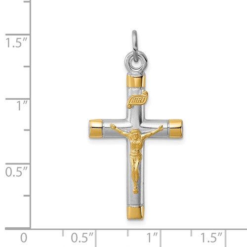 Sterling Silver Rhodium-plated and 18k Gold-plated Crucifix Pendant - Seattle Gold Grillz