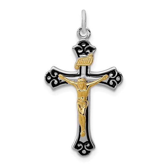 Sterling Silver Rhodium-plated and Vermeil Crucifix Pendant - Seattle Gold Grillz