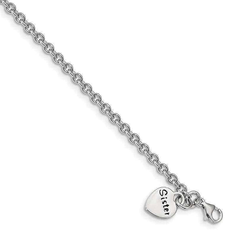 Sterling Silver Rhodium-plated Antiqued Sister Heart Dangle Bracelet | Weight: 4.44 grams, Length: 7mm, Width: 3mm - Seattle Gold Grillz