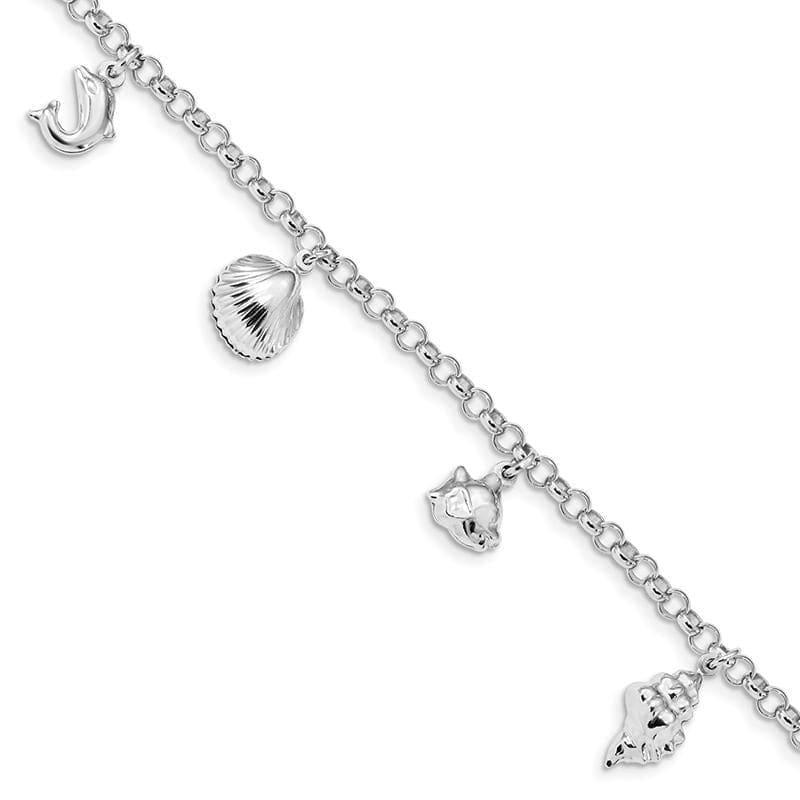 Sterling Silver Rhodium Plated Beach Theme Charm Bracelet | Weight: 7.82 grams, Length: 7mm, Width: 3mm - Seattle Gold Grillz