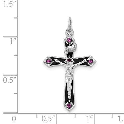 Sterling Silver Rhodium-plated Black Epoxy Purple CZ INRI Cross Pendant - Seattle Gold Grillz