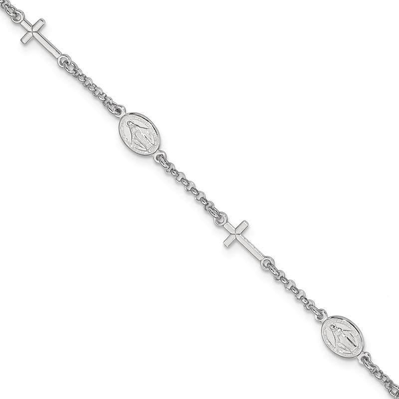 Sterling Silver Rhodium Plated Cross & Miraculous Medal Bracelet | Weight: 3.66 grams, Length: 6.5mm, Width: 2mm - Seattle Gold Grillz