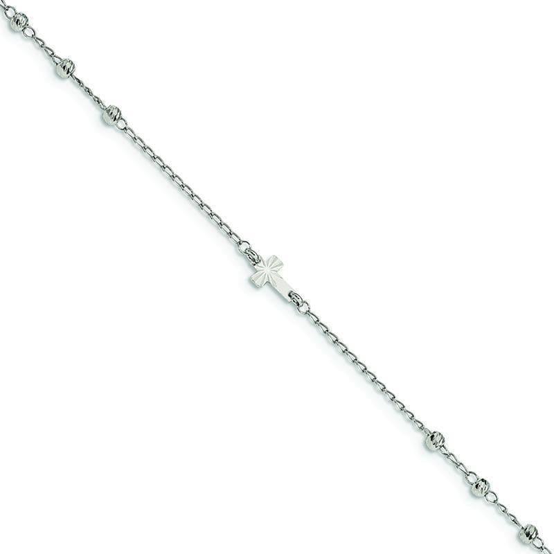 Sterling Silver Rhodium-plated D-C Beads w-1in ext. Cross Anklet | Weight: 1.53 grams, Length: 9mm, Width: 1mm - Seattle Gold Grillz