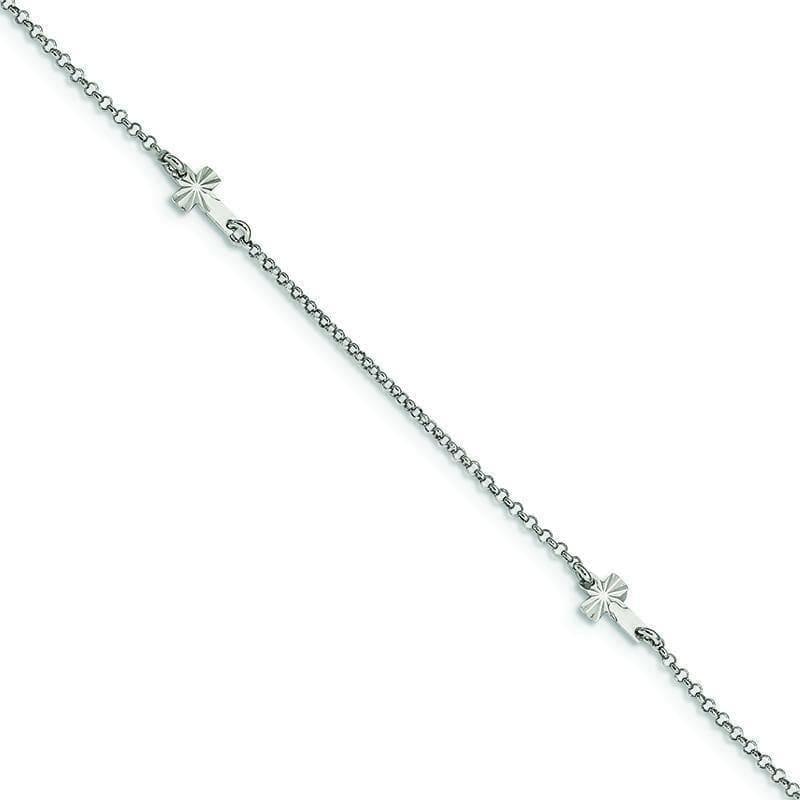 Sterling Silver Rhodium-plated D-C Crosses w-1in ext. Anklet | Weight: 1.5 grams, Length: 9mm, Width: 1mm - Seattle Gold Grillz