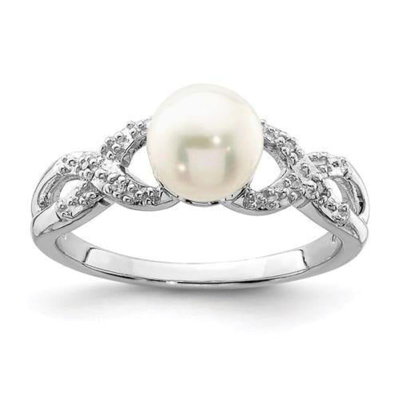 Sterling Silver Rhodium Plated Diamond And FW Cultured Pearl Ring - Seattle Gold Grillz