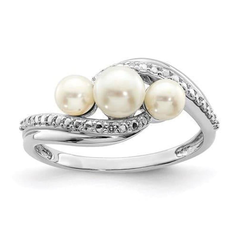 Sterling Silver Rhodium Plated Diamond And FW Cultured Pearl Ring - Seattle Gold Grillz
