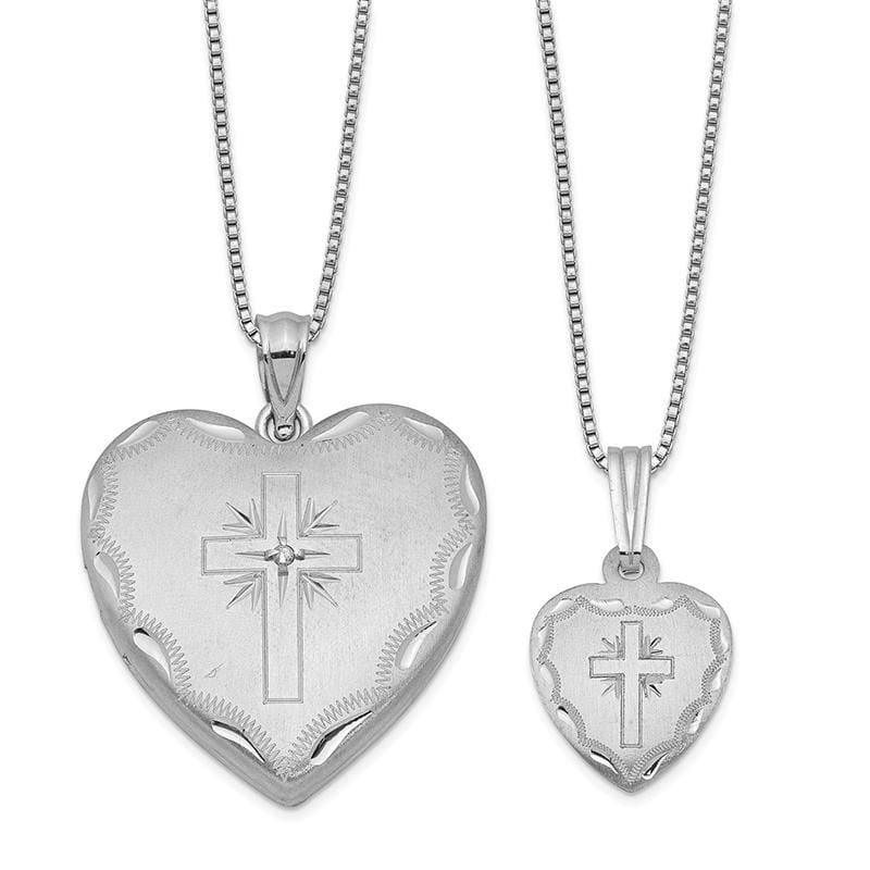 Sterling Silver Rhodium-plated Diamond Cross Heart Locket & Pendant Set | Weight: grams, Length: mm, Width: mm - Seattle Gold Grillz