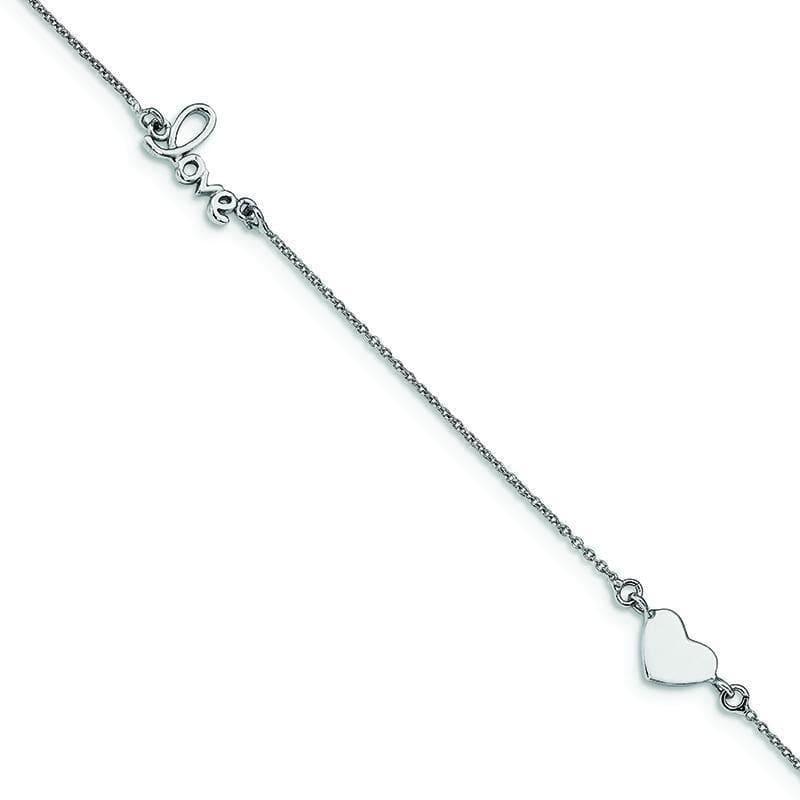 Sterling Silver Rhodium-plated Heart & Love w-1in ext. Anklet | Weight: 1.89 grams, Length: 9mm, Width: 1mm - Seattle Gold Grillz
