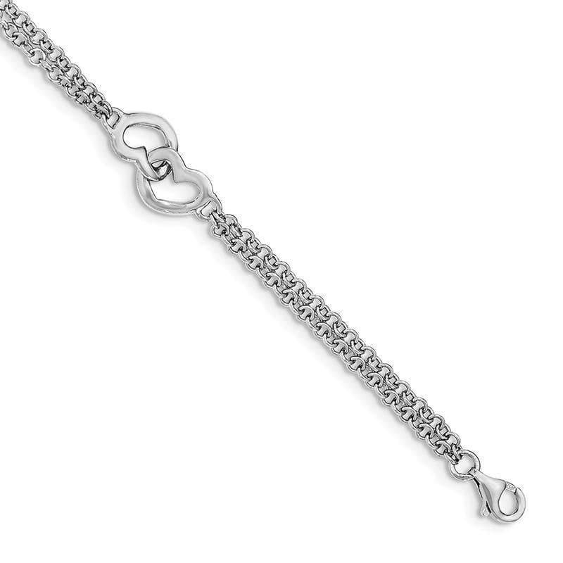 Sterling Silver Rhodium-plated Hearts Double Chain Bracelet | Weight: 4.01 grams, Length: 7mm, Width: mm - Seattle Gold Grillz