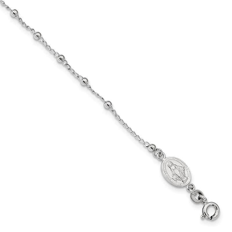 Sterling Silver Rhodium-plated Miraculous Medal-Cross w-1in ext. Bracelet | Weight: 2.38 grams, Length: 7mm, Width: 1.25mm - Seattle Gold Grillz