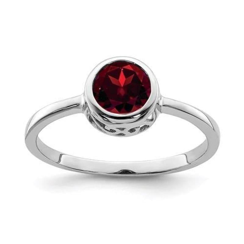 Sterling Silver Rhodium-Plated Polished Garnet Round Ring - Seattle Gold Grillz
