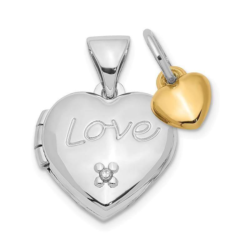 Sterling Silver Rhodium-plated w-Gold-plated Diamond with Charm Heart Locket - Seattle Gold Grillz