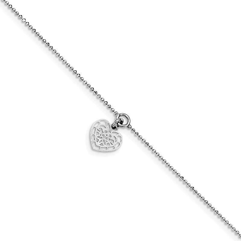 Sterling Silver Rhodium-plated w-Heart Charm w-.5in extension Anklet | Weight: 1.67 grams, Length: 10mm, Width: mm - Seattle Gold Grillz