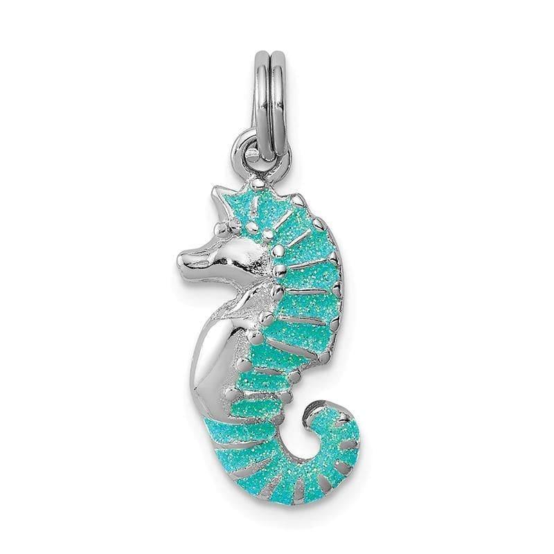 Sterling Silver Rhodium-platedGreen Glitter Enamel Seahorse Charm | Weight: 1.23 grams, Length: 19mm, Width: 10mm - Seattle Gold Grillz