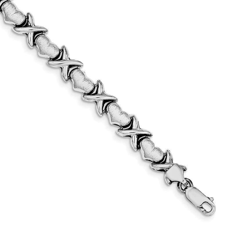 Sterling Silver Rhodium Polished and Brushed X's and Hearts Bracelet | Weight: 9.27 grams, Length: 7.25mm, Width: mm - Seattle Gold Grillz