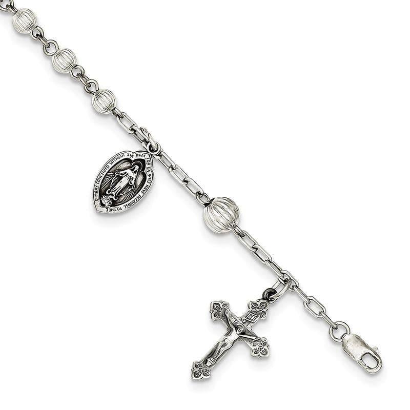 Sterling Silver Rosary Bracelet w- Rnd.Fluted Beads | Weight: 3.92 grams, Length: 23mm, Width: 13mm - Seattle Gold Grillz