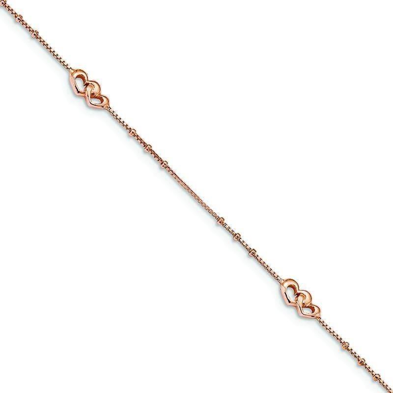 Sterling Silver Rose-tone Polished Hearts 9in w-1in Ext Anklet | Weight: 2.56 grams, Length: 9mm, Width: 0.8mm - Seattle Gold Grillz