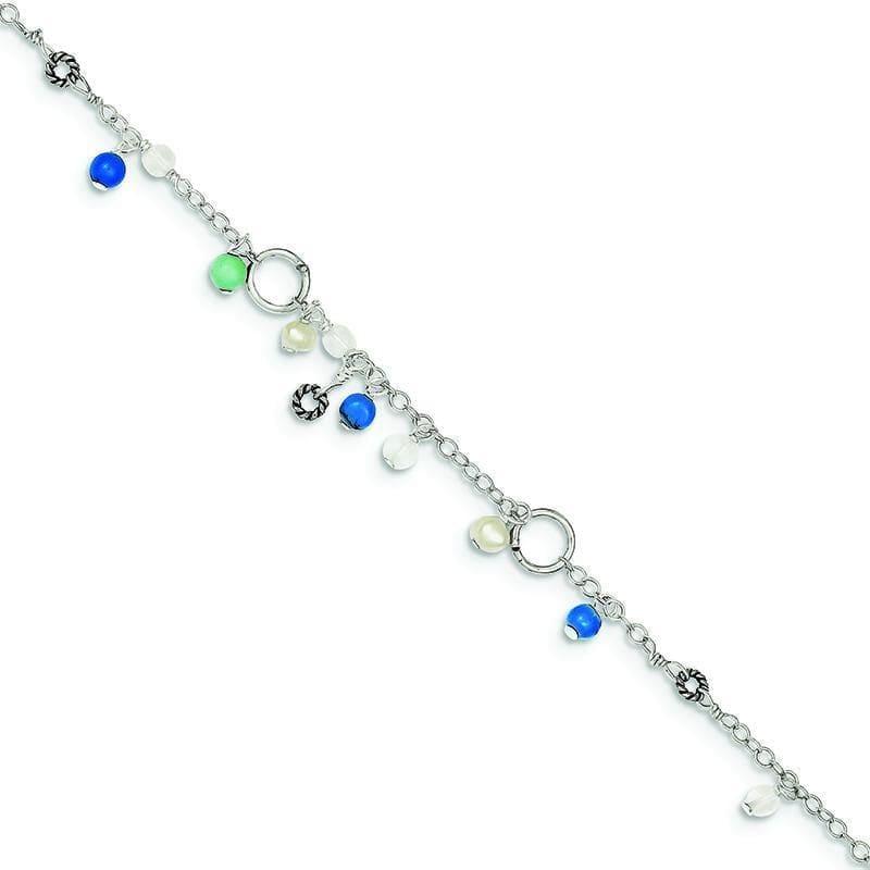 Sterling Silver Turquoise-Clear Bead-FW Cultured Pearl Anklet Blt | Weight: 2.98 grams, Length: 9mm, Width: mm - Seattle Gold Grillz