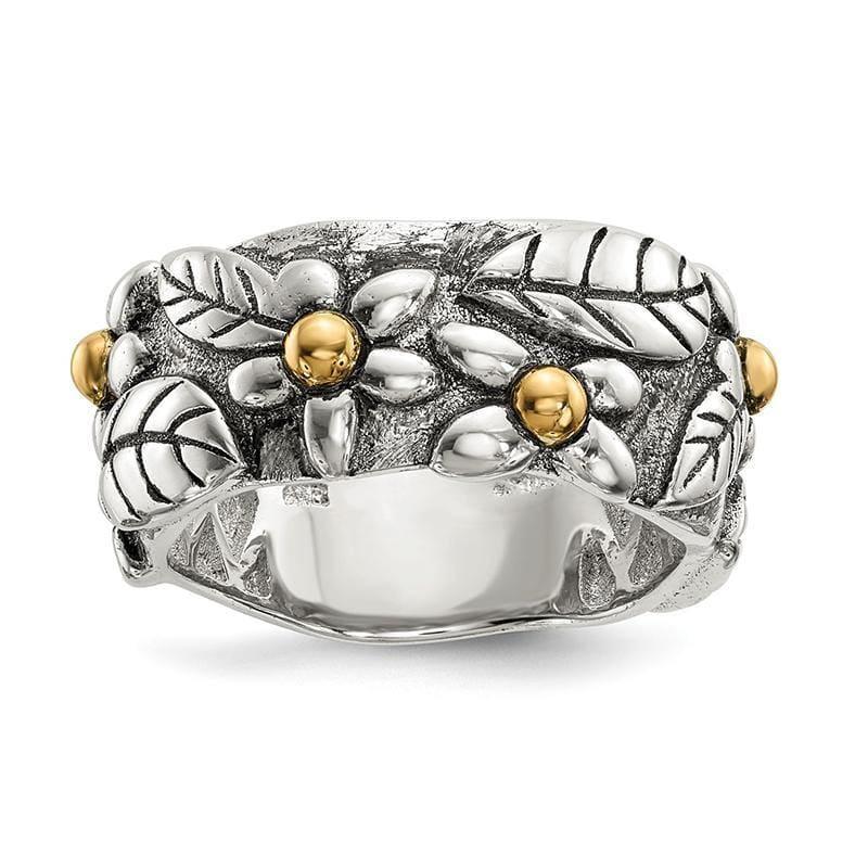 Sterling Silver w-14k Antiqued Leaves & Flowers Band - Seattle Gold Grillz