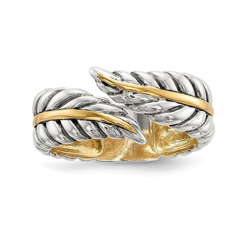Sterling Silver w-14k Antiqued Leaves Bypass Ring - Seattle Gold Grillz