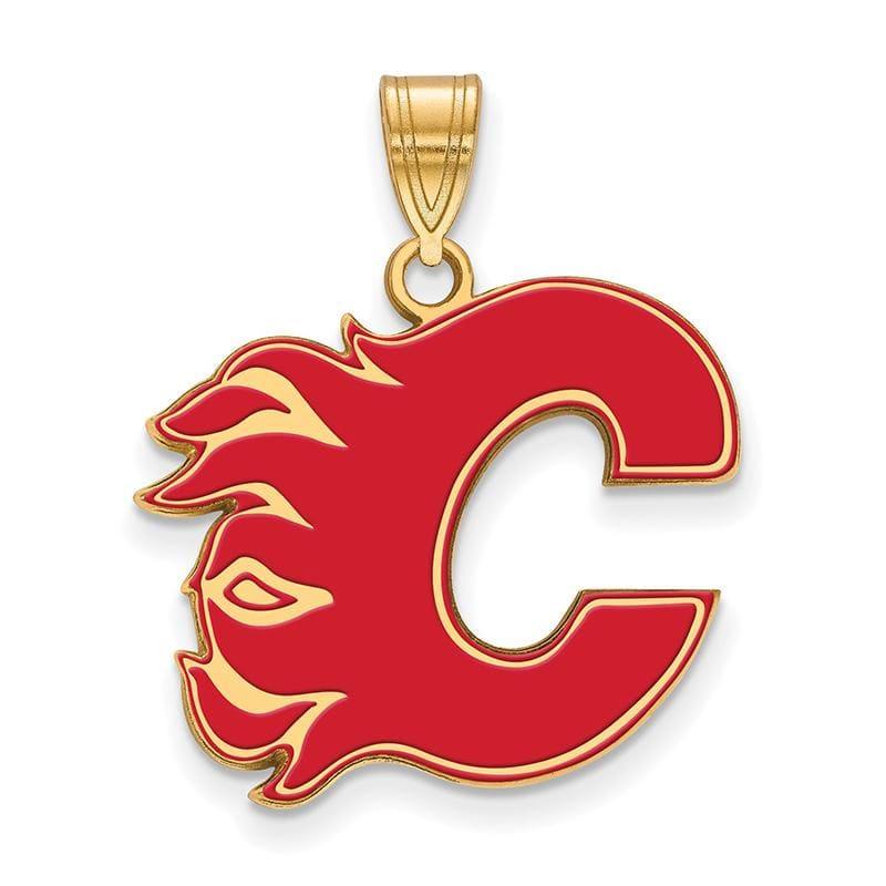 Sterling Silver w-GP NHL LogoArt Calgary Flames Large Enamel Pendant - Seattle Gold Grillz