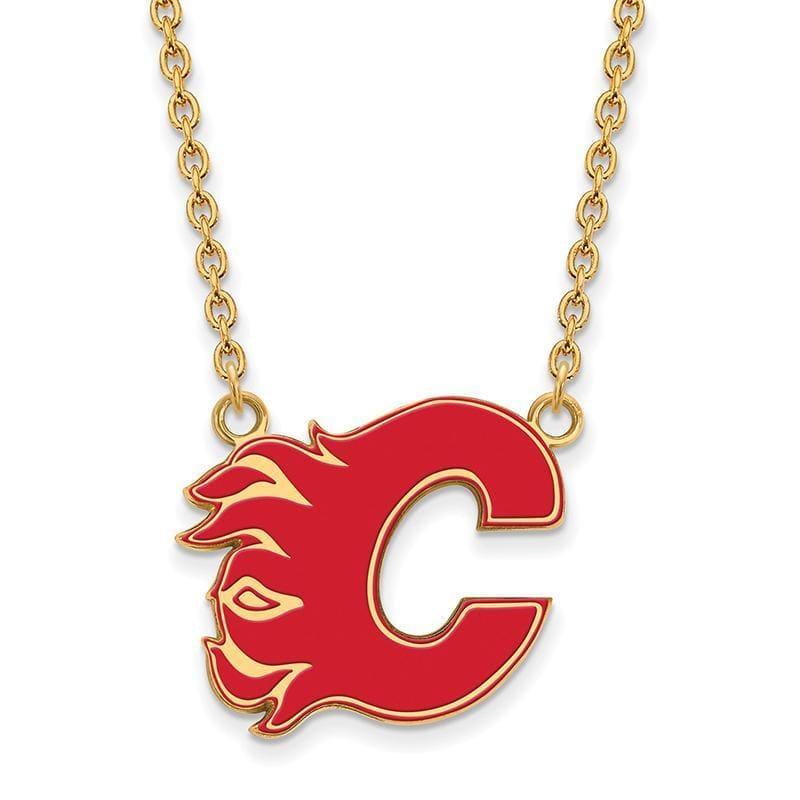 Sterling Silver w-GP NHL LogoArt Calgary Flames Lg Enl Pendant w-Necklace - Seattle Gold Grillz