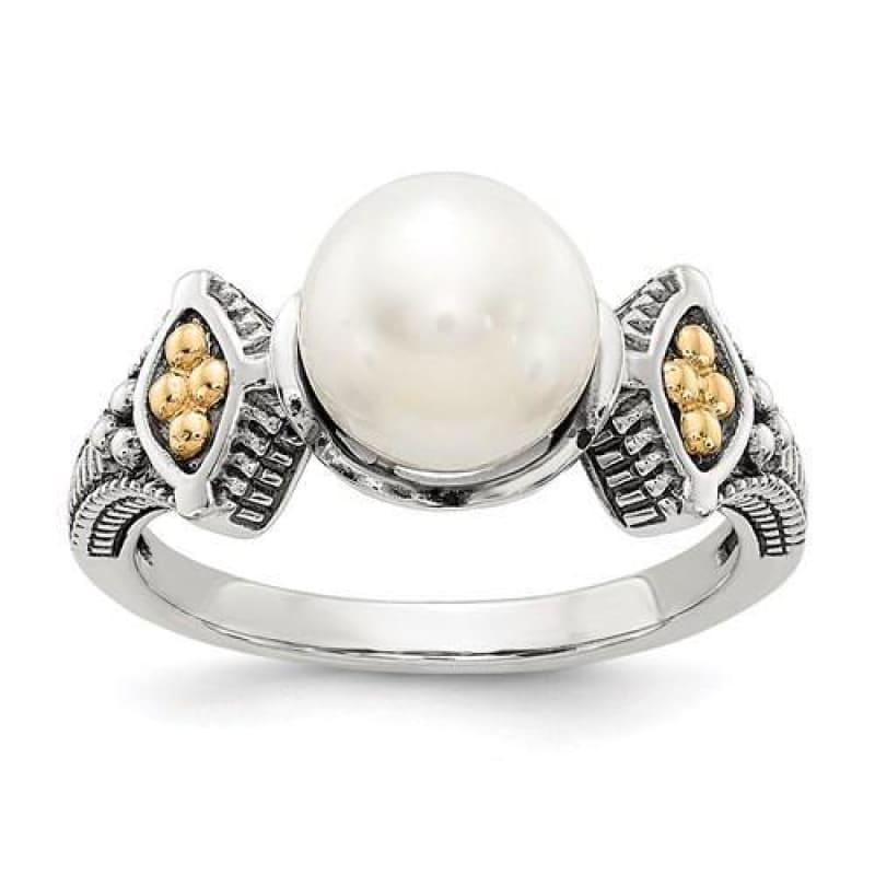 Sterling Silver With 14k 8-8.5mm FW Cultured Pearl Ring - Seattle Gold Grillz