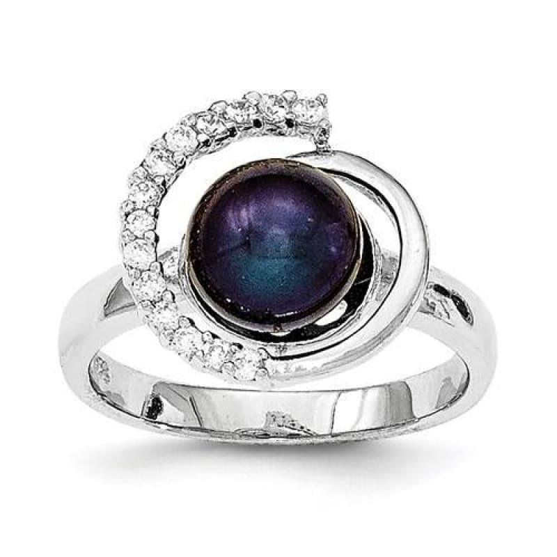 Sterling Silver With CZ 8-9mm FW Cultured Black Button Pearl Ring - Seattle Gold Grillz