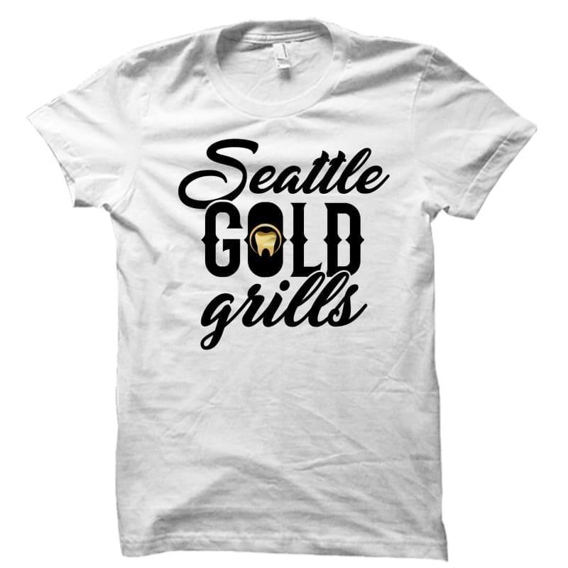 White Seattle Gold Grills Letters Tee w-Gold Tooth - Seattle Gold Grillz